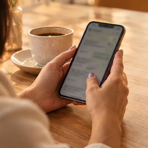 Mãos segurando o celular para mandar mensagem