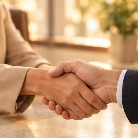 Aperto de mãos entre advogada e cliente